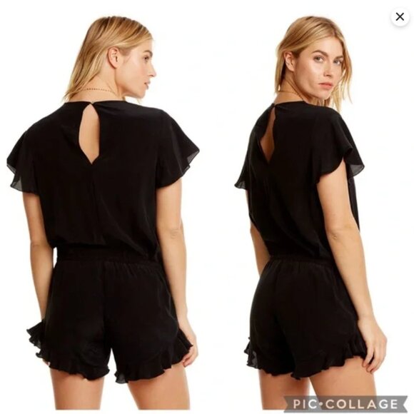 Chaser Black Silk Flouncy Surplice Romper Ruffle Feminine XS - Picture 2 of 13